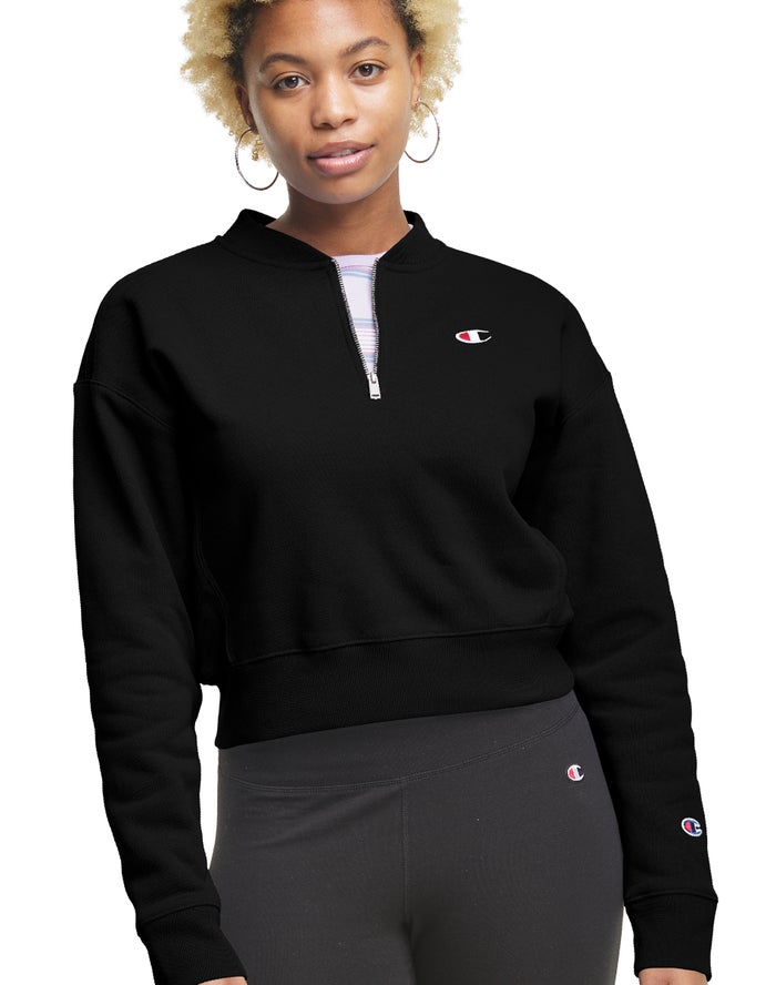 Champion Womens Sweatshirt NZ - Reverse Weave Cropped 1/4 Zip Black ( 9207-CZPNM )